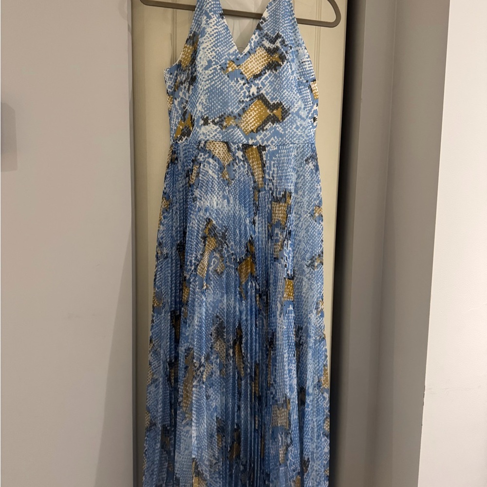Blue Snake-Print Maxi Dress with Gold Accents